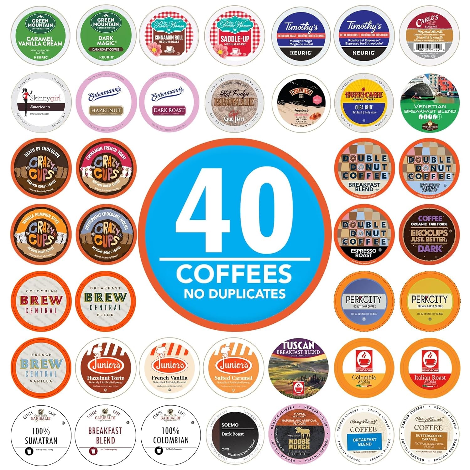 Coffee Pods Variety Pack Sampler from Top Brands, Assorted Single Serve for Keurig K Cups Coffee Makers, 40 Unique Cups