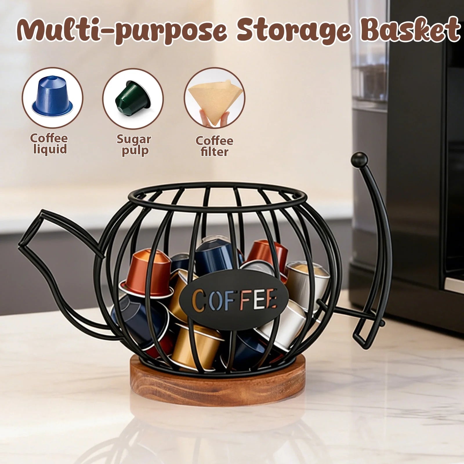 Coffee Pod Holder Organizer, Teapot Coffee Capsule Holder, K Cup Holder with Wooden Base, Wire Coffee Storage Basket, Cafe Bar Accessories