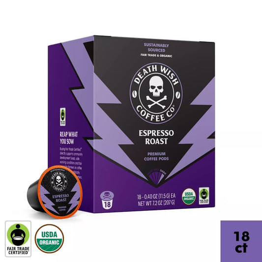 Death Wish Coffee Organic and Fair Trade Espresso Roast Single-Serve Coffee Pods 18Ct/7.2Oz