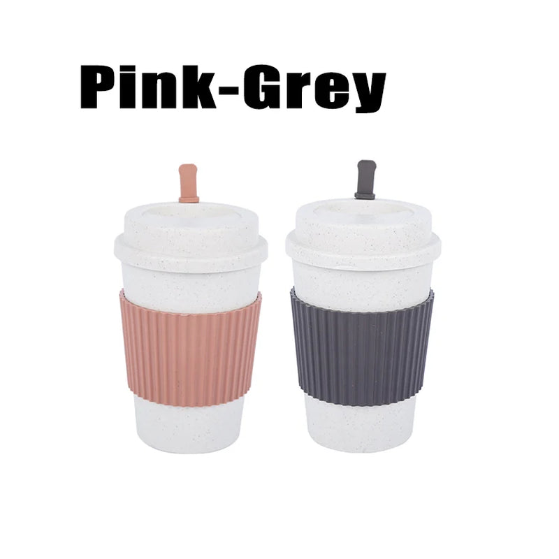 450ML Coffee Cups with Lids Wheat Straw Reusable Portable Coffee Cup Dishwasher Safe Coffee Mug Coffee Tea Travel Cups