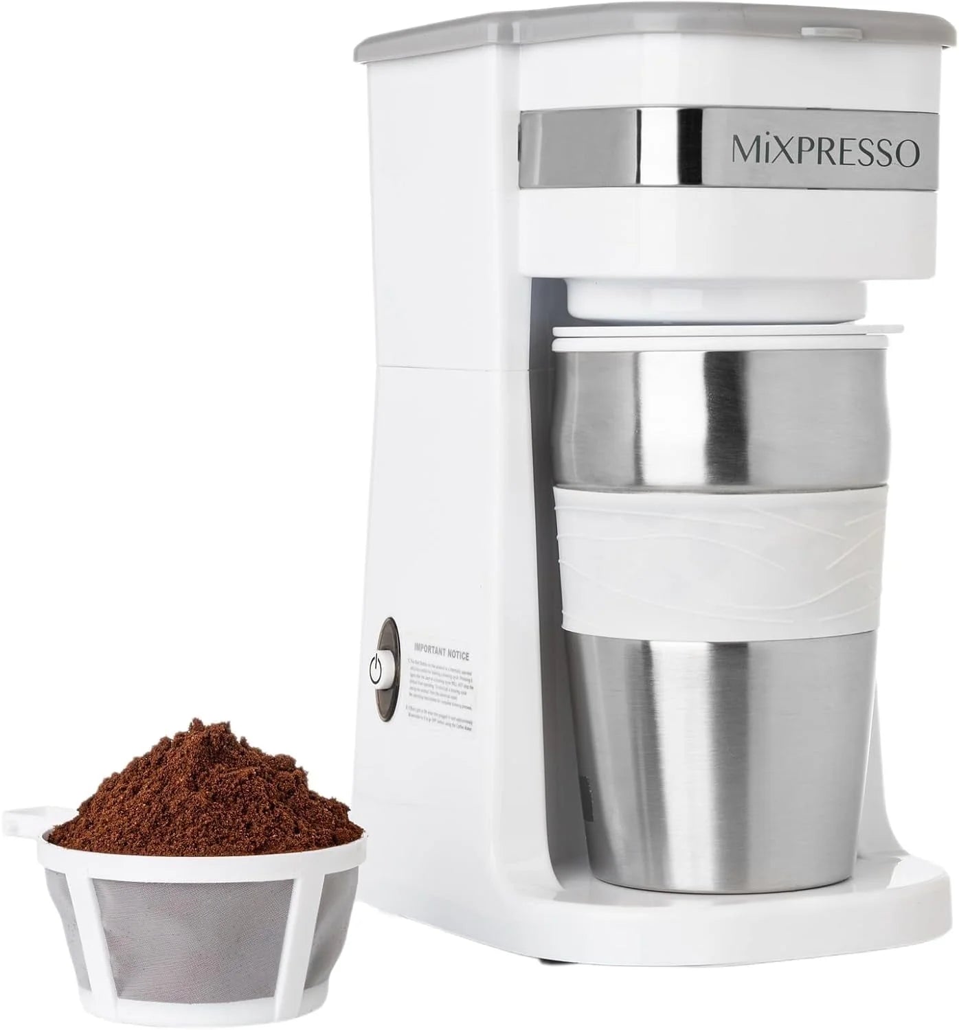 Single Serve Coffee Maker Ground Coffee and 14Oz Travel Mug White