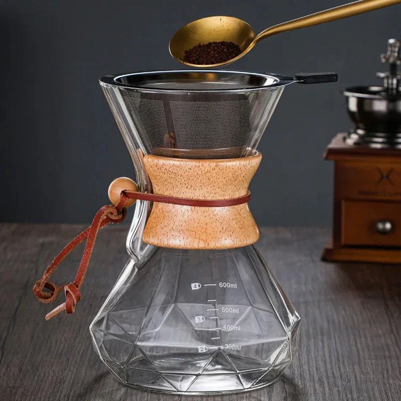 Diamond-Shaped Hand Brewed Coffee Pot Sharing Pot Drip Pot Coffee Filter Cup Glass Coffee Percolator