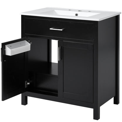 30-Inch Bathroom Vanity with Ceramic Sink and Ample Storage, Black