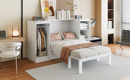 Twin Size Murphy Bed with Bedside Shelves and Wardrobe, White