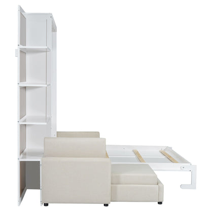 Queen Size Murphy Bed Wall Bed with Sofa and Shelves,White