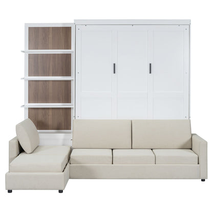 Queen Size Murphy Bed Wall Bed with Sofa and Shelves,White