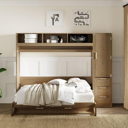 Full Size Murphy Bed with Wardrobe, Drawers and Open Shelves, Antique Wood