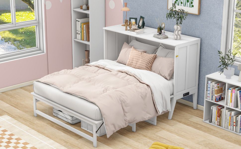Queen Size Murphy Bed with Built-In Charging Station and a Shelf