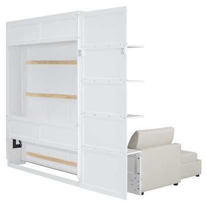 Queen Size Murphy Bed Wall Bed with Sofa and Shelves,White