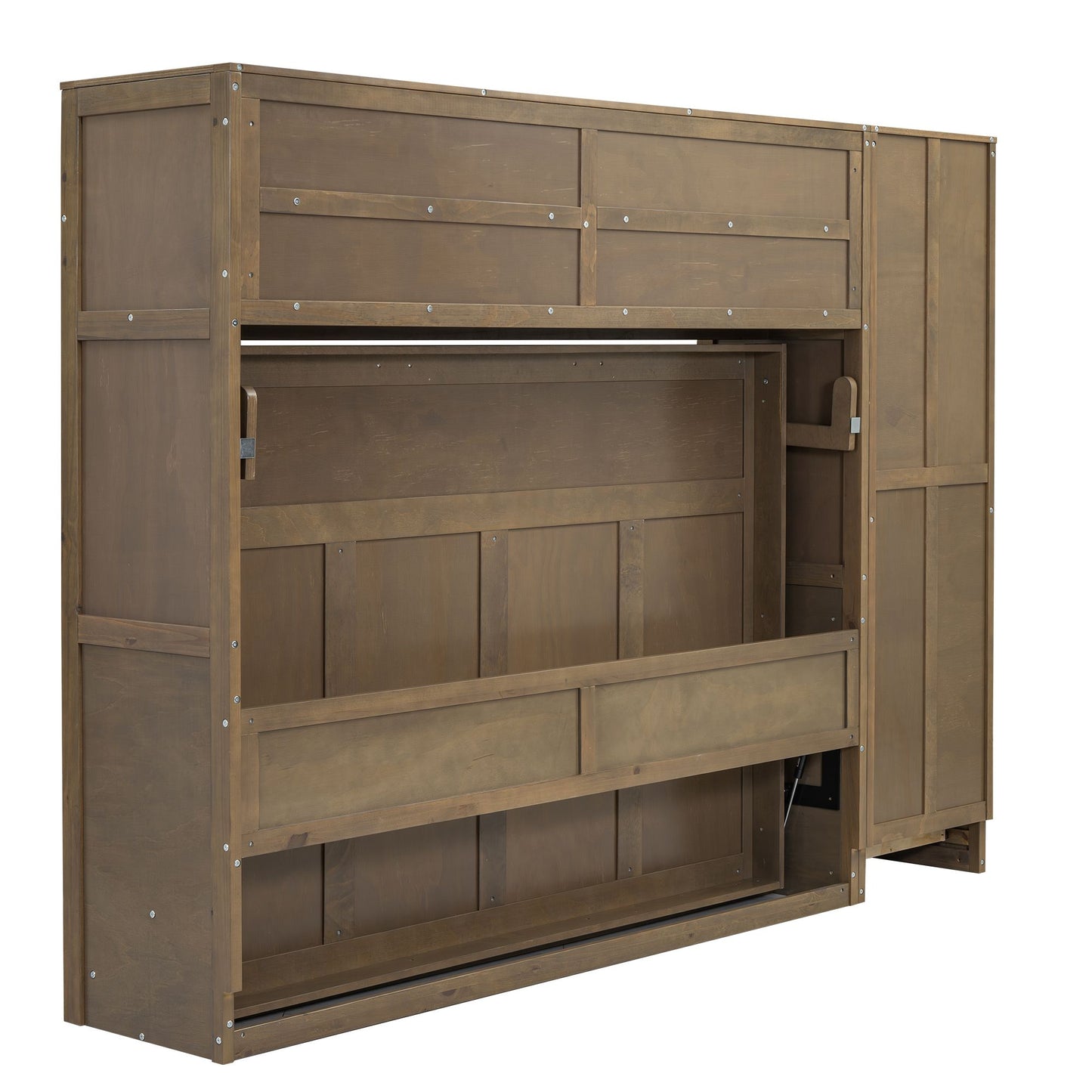 Full Size Murphy Bed with Wardrobe, Drawers and Open Shelves, Antique Wood