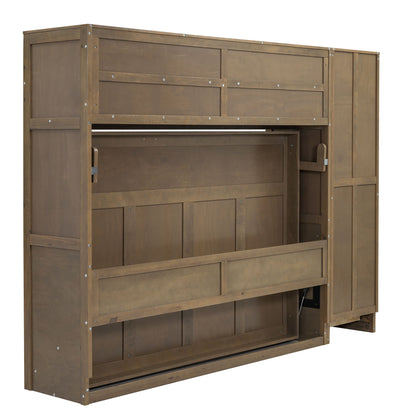 Full Size Murphy Bed with Wardrobe, Drawers and Open Shelves, Antique Wood