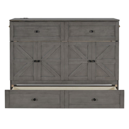 Full Size Murphy Bed with Large Drawers & USB Ports,Brushed Gray