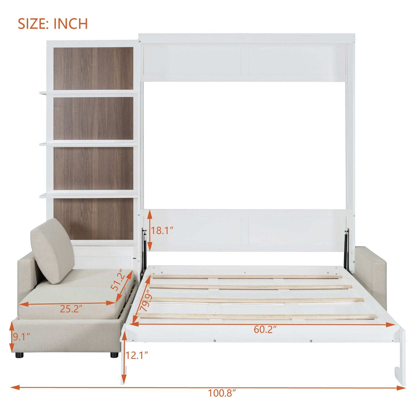 Queen Size Murphy Bed Wall Bed with Sofa and Shelves,White