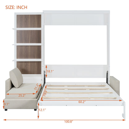 Queen Size Murphy Bed Wall Bed with Sofa and Shelves,White