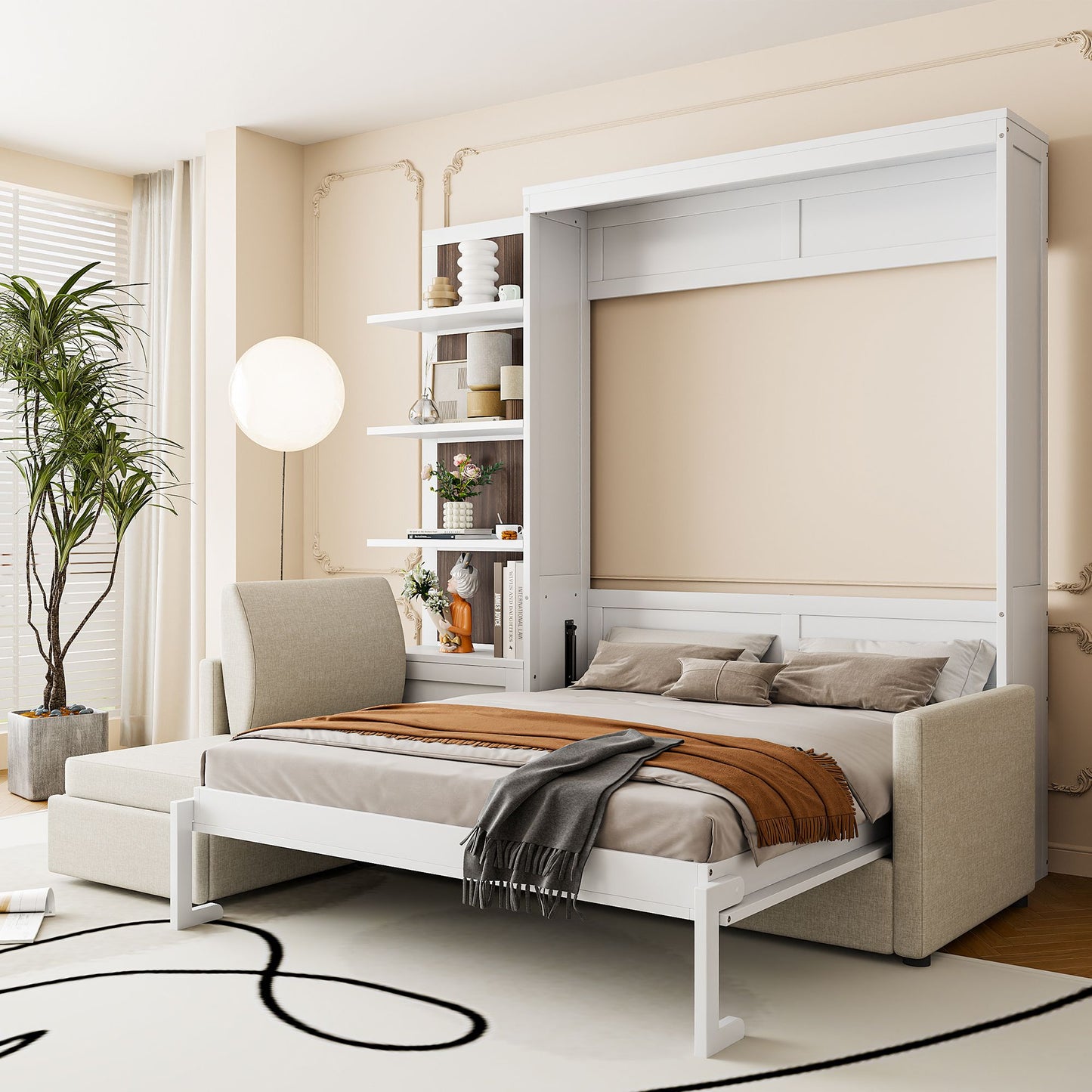 Queen Size Murphy Bed Wall Bed with Sofa and Shelves,White
