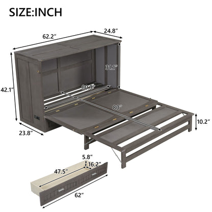 Queen Size Murphy Bed with Built-In Charging Station, Antique Grey