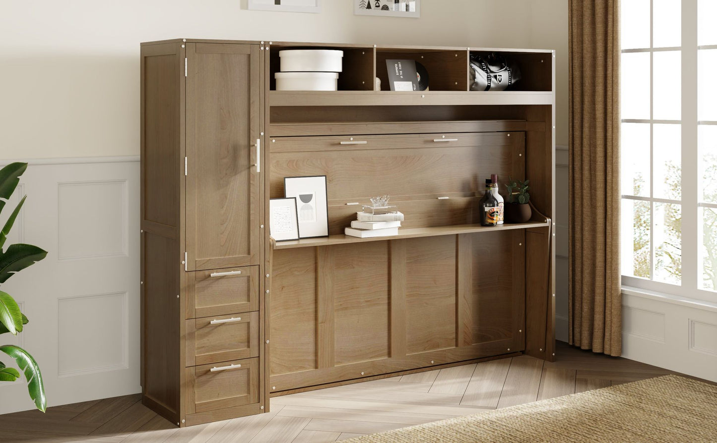 Full Size Murphy Bed with Wardrobe, Drawers and Open Shelves, Antique Wood