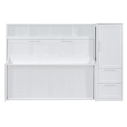 Full Size Murphy Bed Wall Bed with Closet and Drawers,White