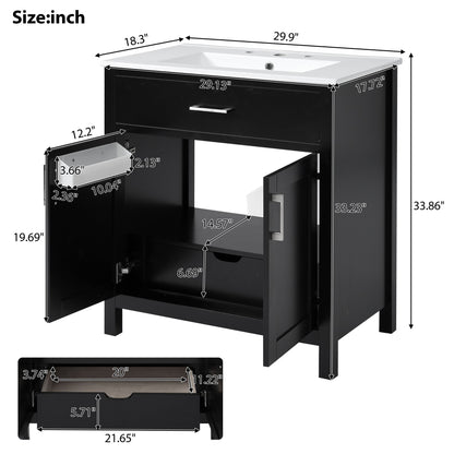 30-Inch Bathroom Vanity with Ceramic Sink and Ample Storage, Black