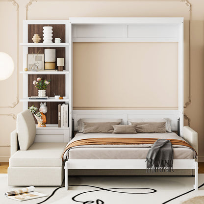 Queen Size Murphy Bed Wall Bed with Sofa and Shelves,White