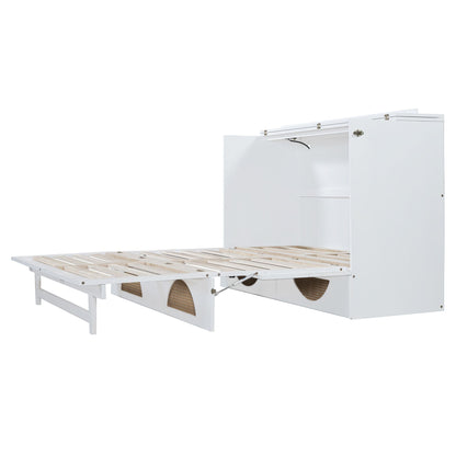 Queen Size Murphy Bed with Large Drawer,USB Ports and Outlets,White
