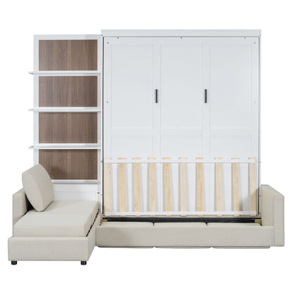 Queen Size Murphy Bed Wall Bed with Sofa and Shelves,White
