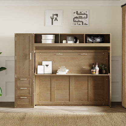 Full Size Murphy Bed with Wardrobe, Drawers and Open Shelves, Antique Wood