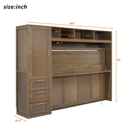Full Size Murphy Bed with Wardrobe, Drawers and Open Shelves, Antique Wood