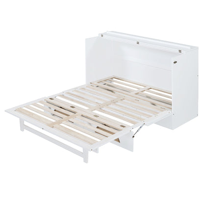 Queen Size Murphy Bed with Large Drawer,USB Ports and Outlets,White