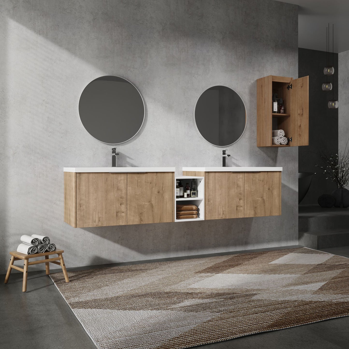 84" Wall-Mounted Bathroom Vanity With Sink and Side Cabinet