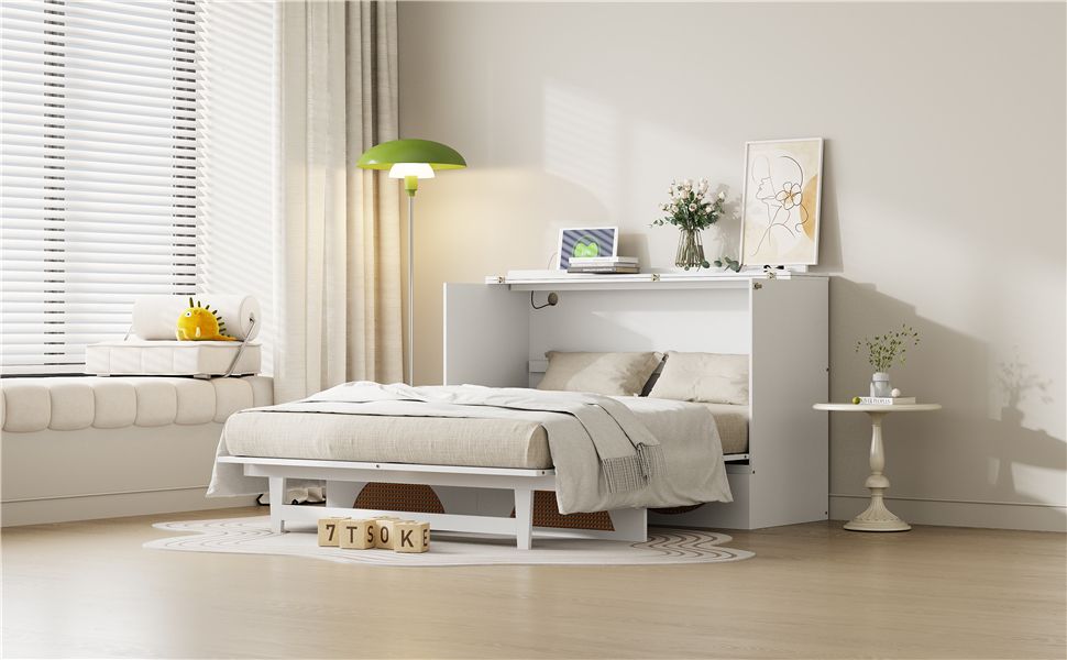 Queen Size Murphy Bed with Large Drawer,USB Ports and Outlets,White