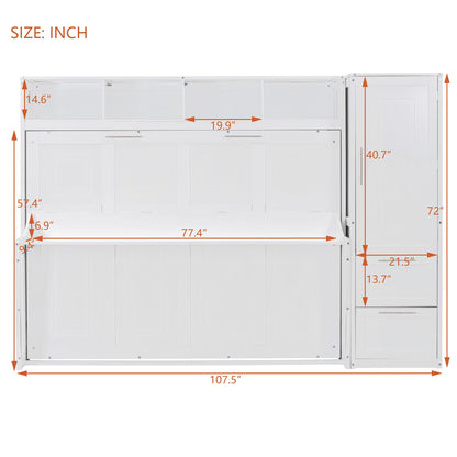Full Size Murphy Bed Wall Bed with Closet and Drawers,White