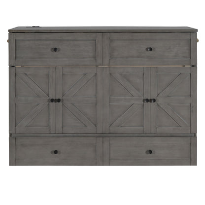 Full Size Murphy Bed with Large Drawers & USB Ports,Brushed Gray