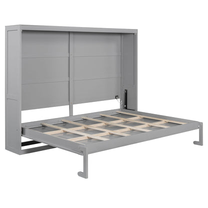 Queen Size Murphy Bed Wall Bed Modern design with LED Lights,Gray