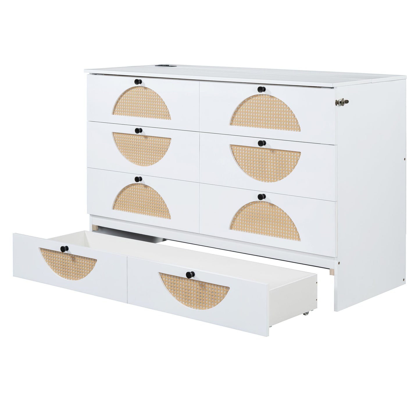 Queen Size Murphy Bed with Large Drawer,USB Ports and Outlets,White