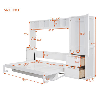 Full Size Murphy Bed Wall Bed with Closet and Drawers,White