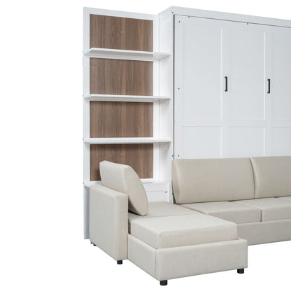 Queen Size Murphy Bed Wall Bed with Sofa and Shelves,White