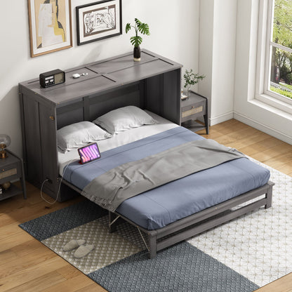 Queen Size Murphy Bed with Built-In Charging Station, Antique Grey