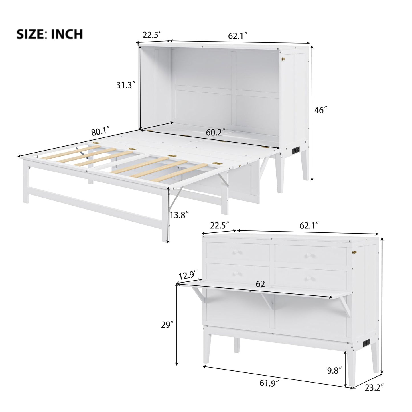 Queen Size Murphy Bed with Built-In Charging Station and a Shelf