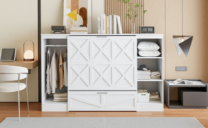 Twin Size Murphy Bed with Bedside Shelves and Wardrobe, White