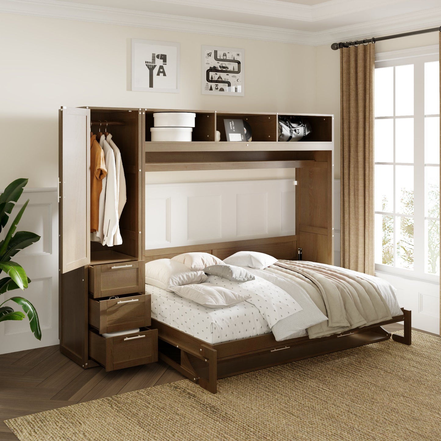 Full Size Murphy Bed with Wardrobe, Drawers and Open Shelves, Antique Wood
