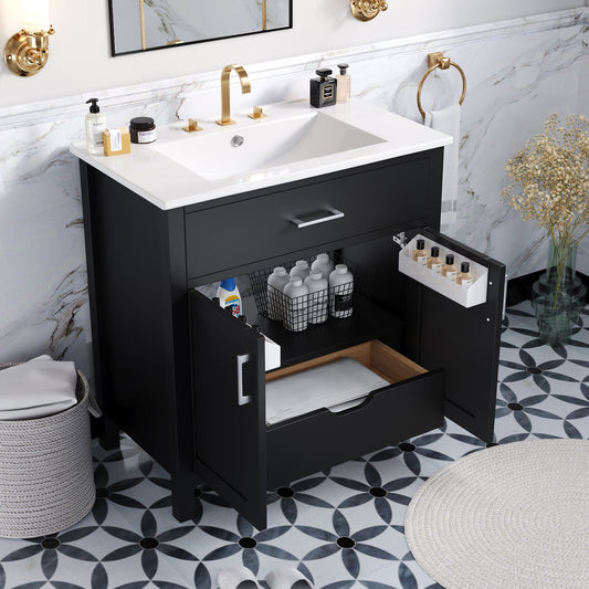 30-Inch Bathroom Vanity with Ceramic Sink and Ample Storage, Black