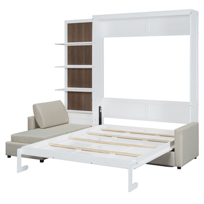 Queen Size Murphy Bed Wall Bed with Sofa and Shelves,White