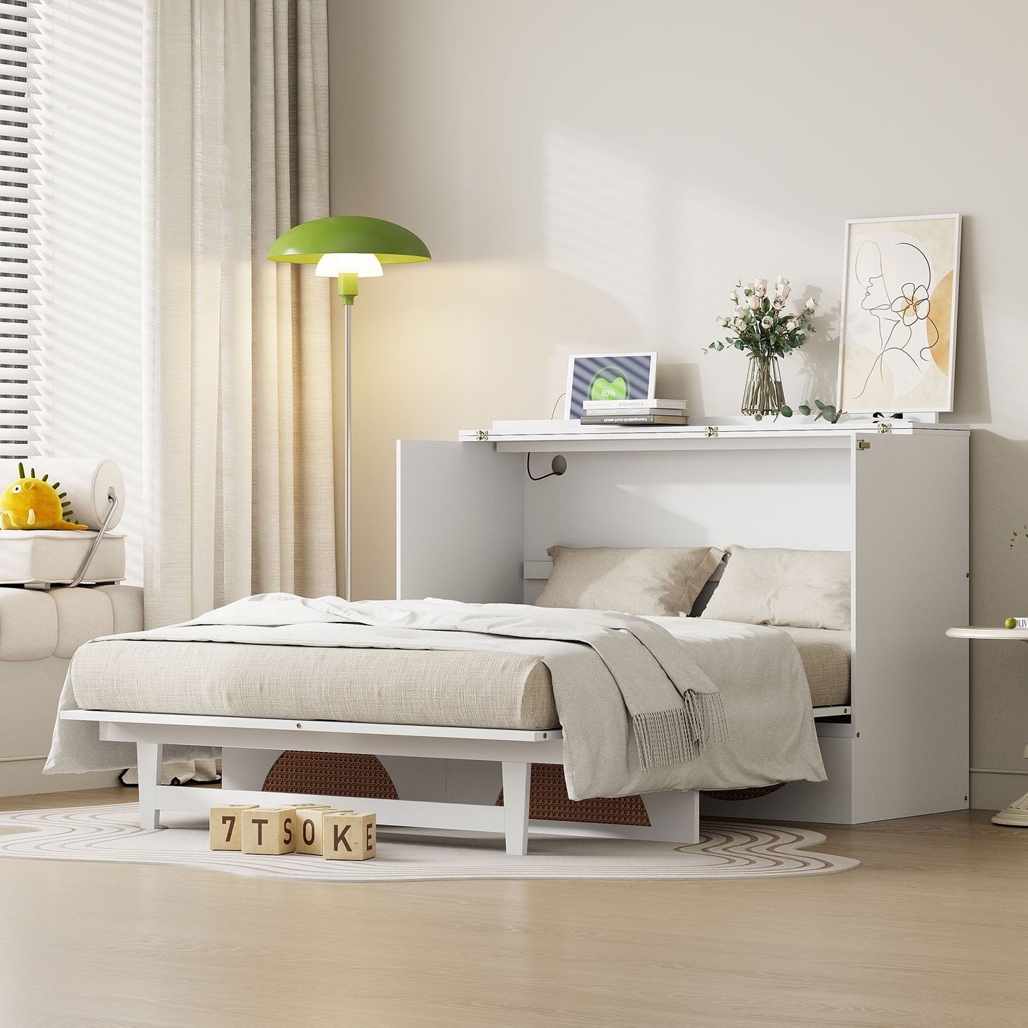 Queen Size Murphy Bed with Large Drawer,USB Ports and Outlets,White