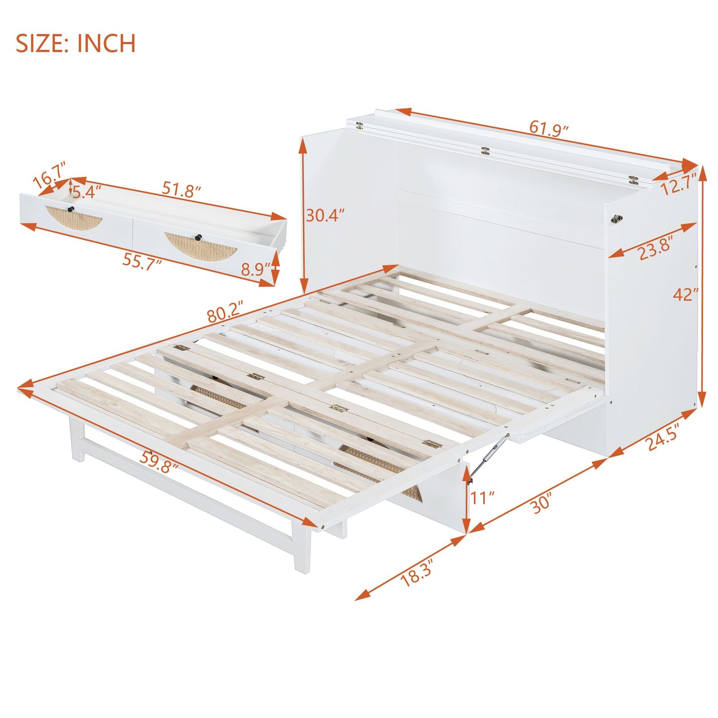 Queen Size Murphy Bed with Large Drawer,USB Ports and Outlets,White