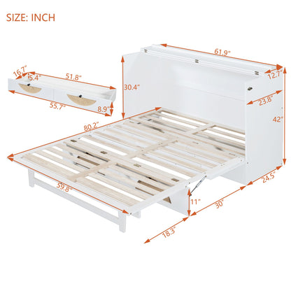 Queen Size Murphy Bed with Large Drawer,USB Ports and Outlets,White