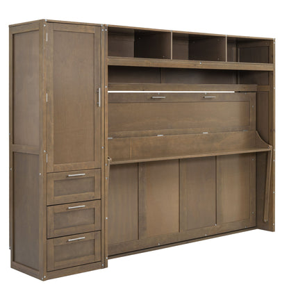 Full Size Murphy Bed with Wardrobe, Drawers and Open Shelves, Antique Wood