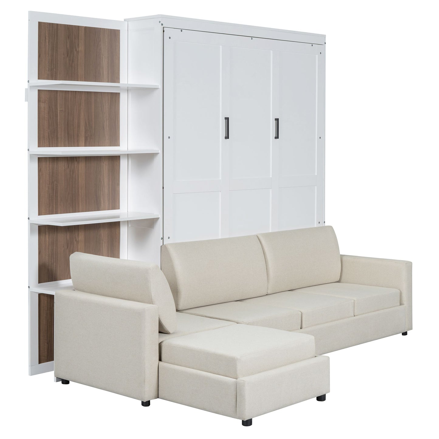 Queen Size Murphy Bed Wall Bed with Sofa and Shelves,White