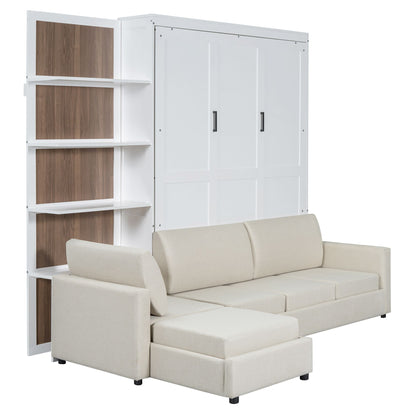 Queen Size Murphy Bed Wall Bed with Sofa and Shelves,White