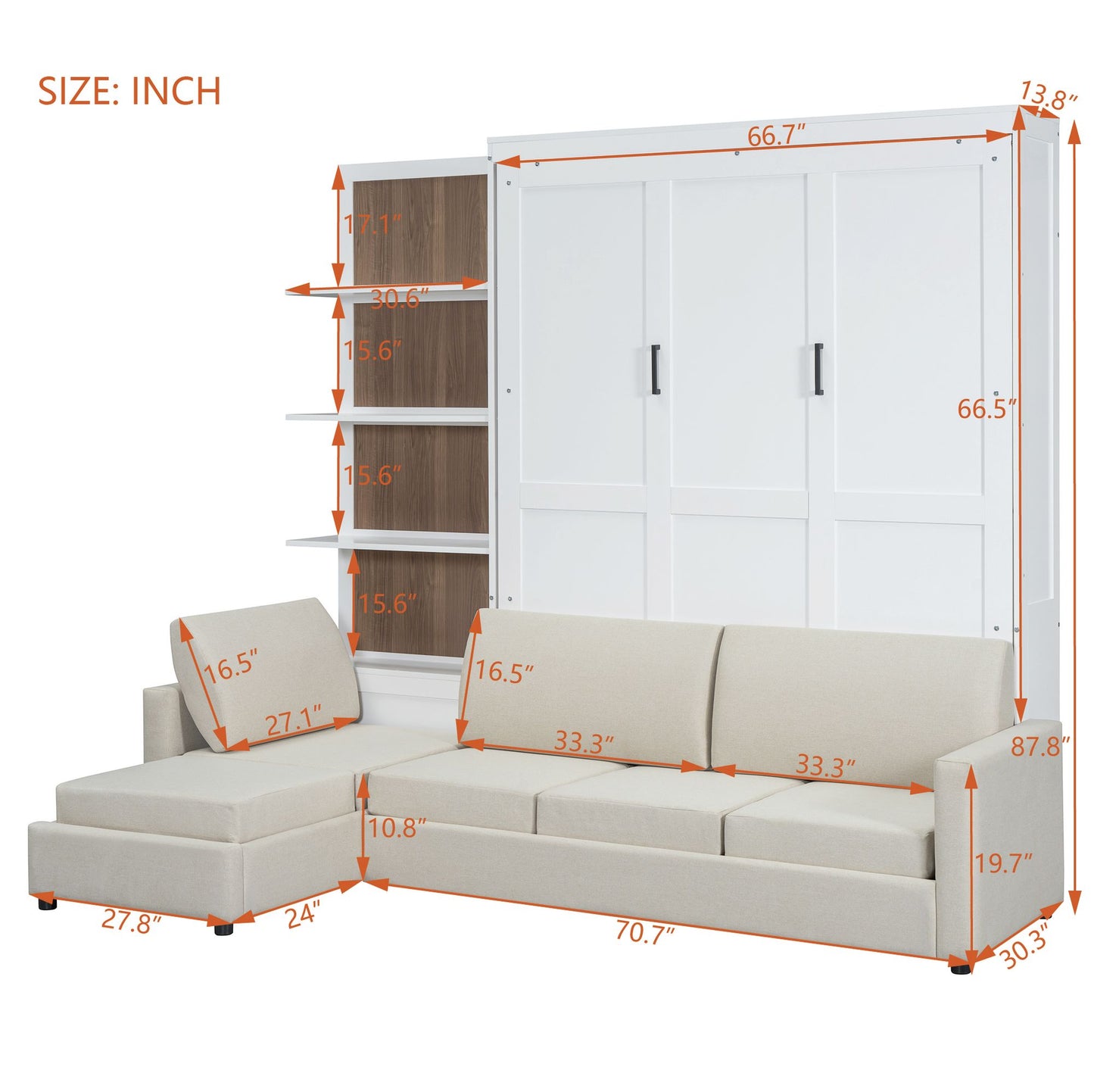 Queen Size Murphy Bed Wall Bed with Sofa and Shelves,White